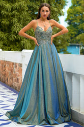 Grey Glitter Spaghetti Straps Long Prom Dress